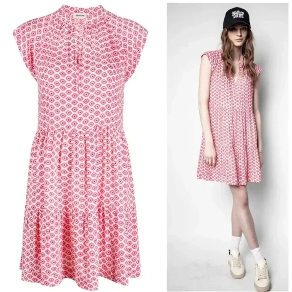 Zadig & Voltaire Rito Eyes Dress Pink White Cap Sleeve Floral Ruffle Size Large